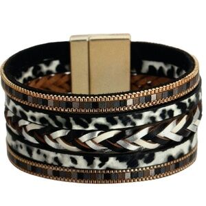 Boho Multi Layer Leather Braided Leopard Pattern Magnetic Buckle Bracelet